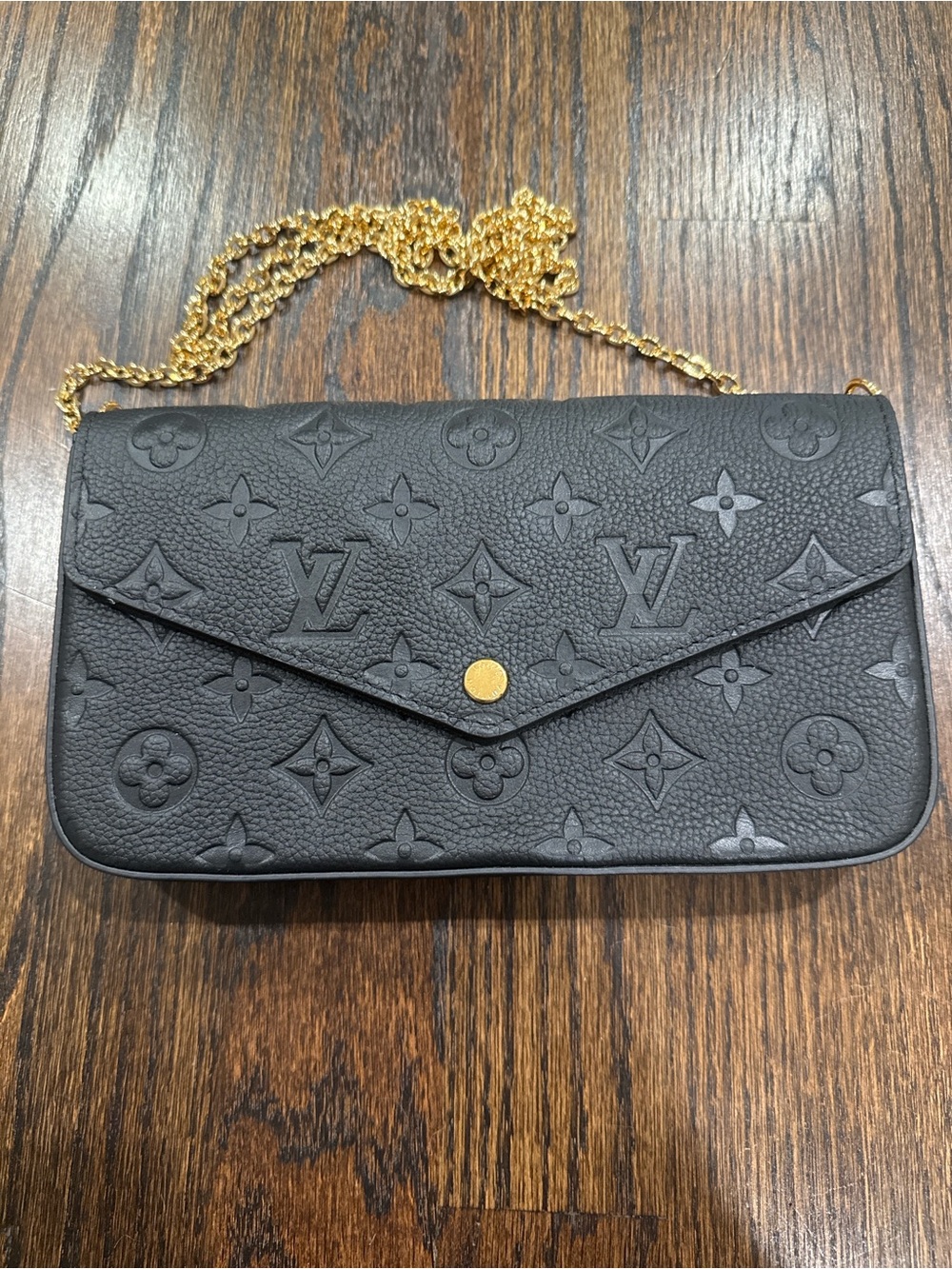 Louis Vuitton Black Monogram Embossed Envelope Chain Wallet with Gold Chain